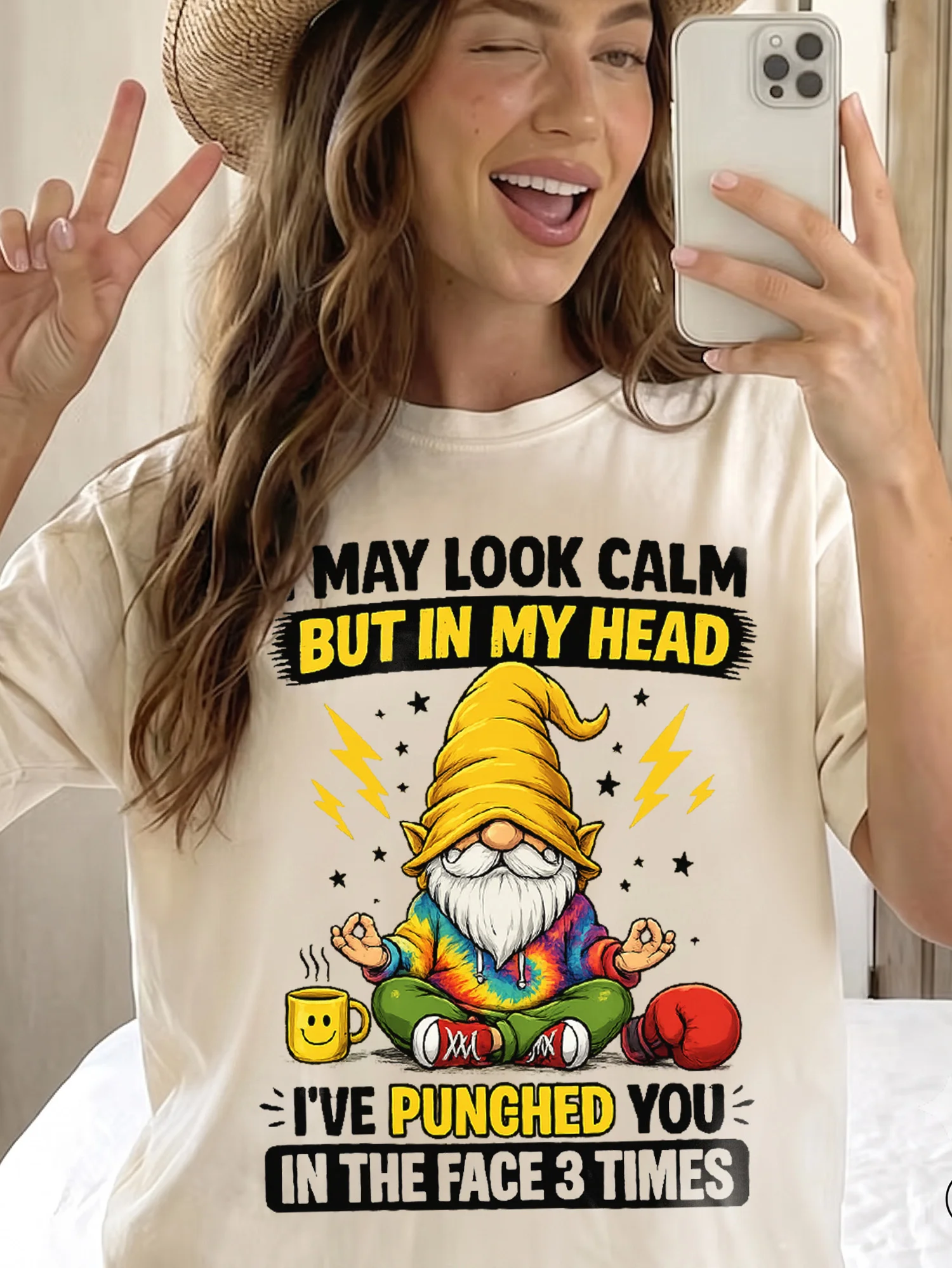 Funny Meditating Gnome May Look Calm But In My Head Graphic Tee Sarcastic Introvert Humor Shirt