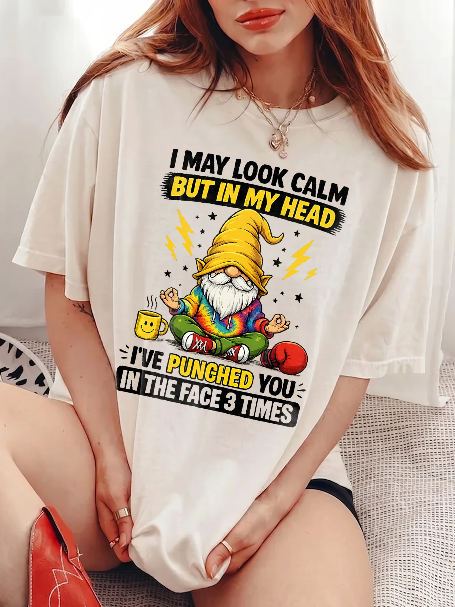 Funny Meditating Gnome May Look Calm But In My Head Graphic Tee Sarcastic Introvert Humor Shirt