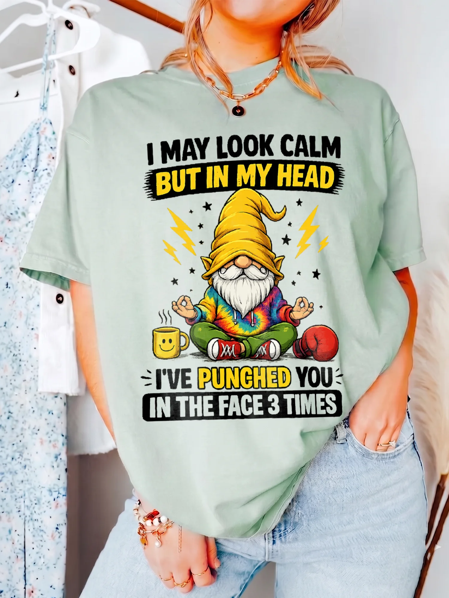 Funny Meditating Gnome May Look Calm But In My Head Graphic Tee Sarcastic Introvert Humor Shirt