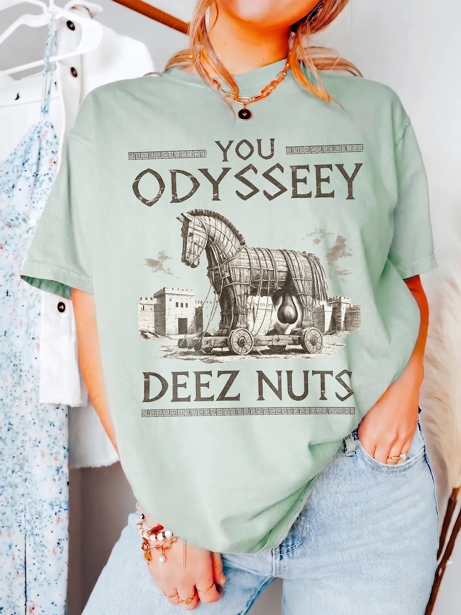 Funny Trojan Horse You Odyssey Deez Nuts Graphic Tee Sarcastic Greek Mythology Meme Shirt Viral Gag Gift