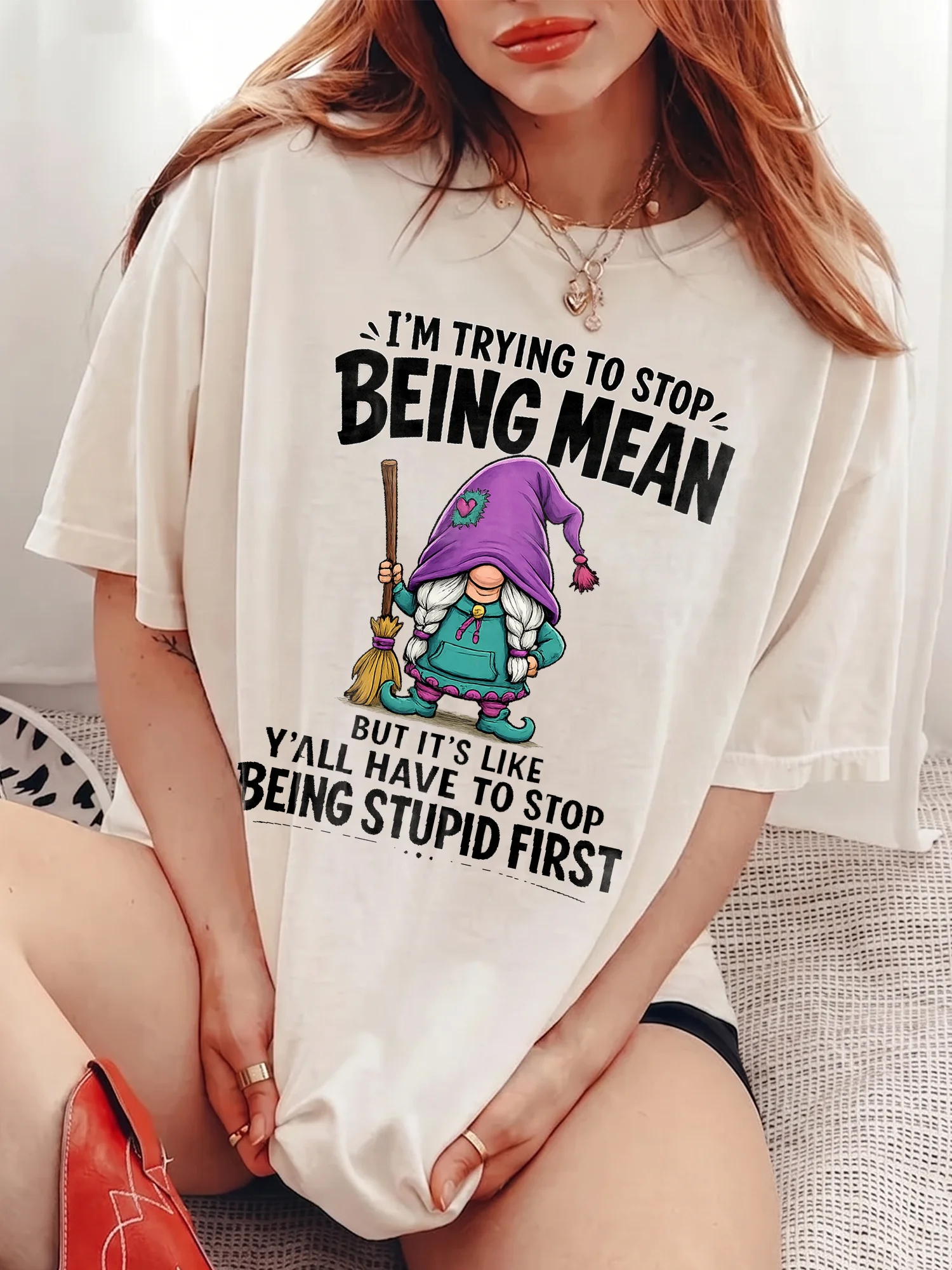 I'm Trying To Stop Being Mean Funny Sarcastic Gnome Graphic Tee Adult Humor Coworker Gift Shirt