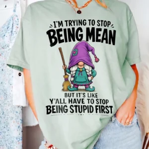I'm Trying To Stop Being Mean Funny Sarcastic Gnome Graphic Tee Adult Humor Coworker Gift Shirt