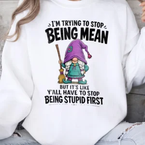 I'm Trying To Stop Being Mean Funny Sarcastic Gnome Graphic Tee Adult Humor Coworker Gift Shirt