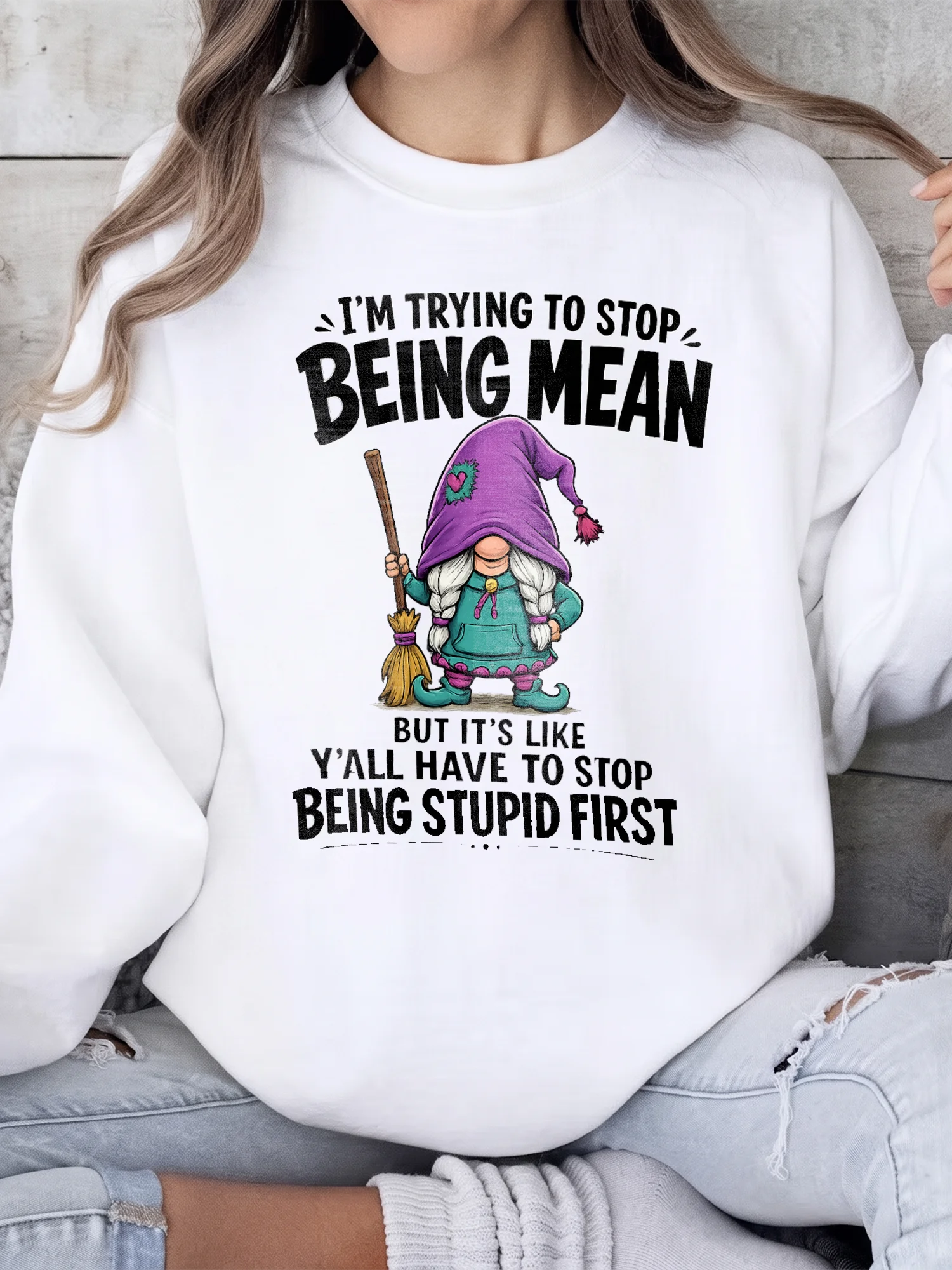 I'm Trying To Stop Being Mean Funny Sarcastic Gnome Graphic Tee Adult Humor Coworker Gift Shirt