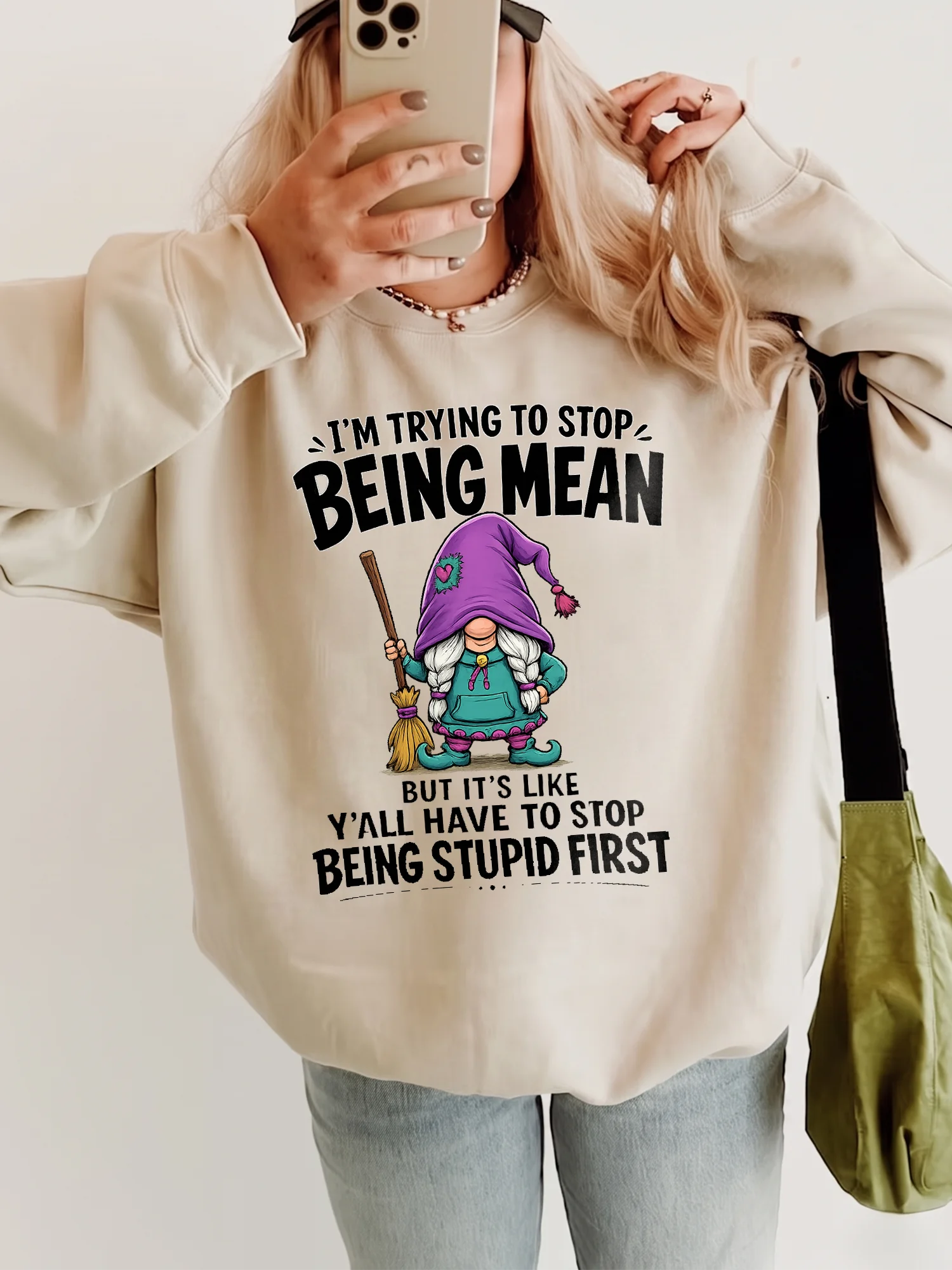 I'm Trying To Stop Being Mean Funny Sarcastic Gnome Graphic Tee Adult Humor Coworker Gift Shirt