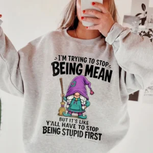 I'm Trying To Stop Being Mean Funny Sarcastic Gnome Graphic Tee Adult Humor Coworker Gift Shirt