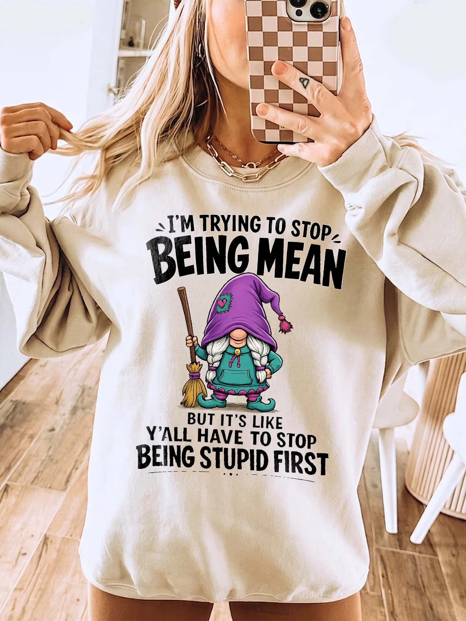 I'm Trying To Stop Being Mean Funny Sarcastic Gnome Graphic Tee Adult Humor Coworker Gift Shirt