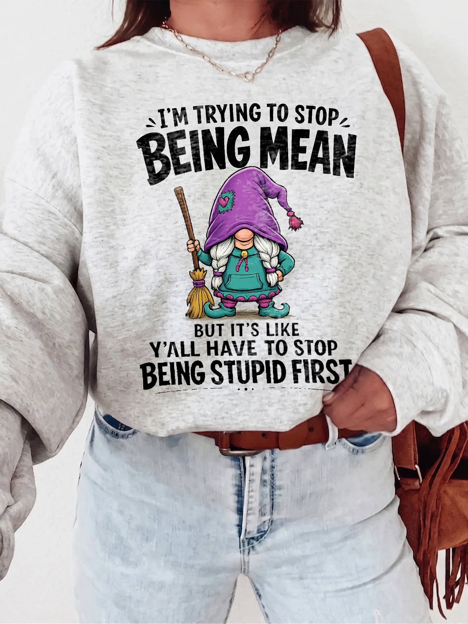 I'm Trying To Stop Being Mean Funny Sarcastic Gnome Graphic Tee Adult Humor Coworker Gift Shirt