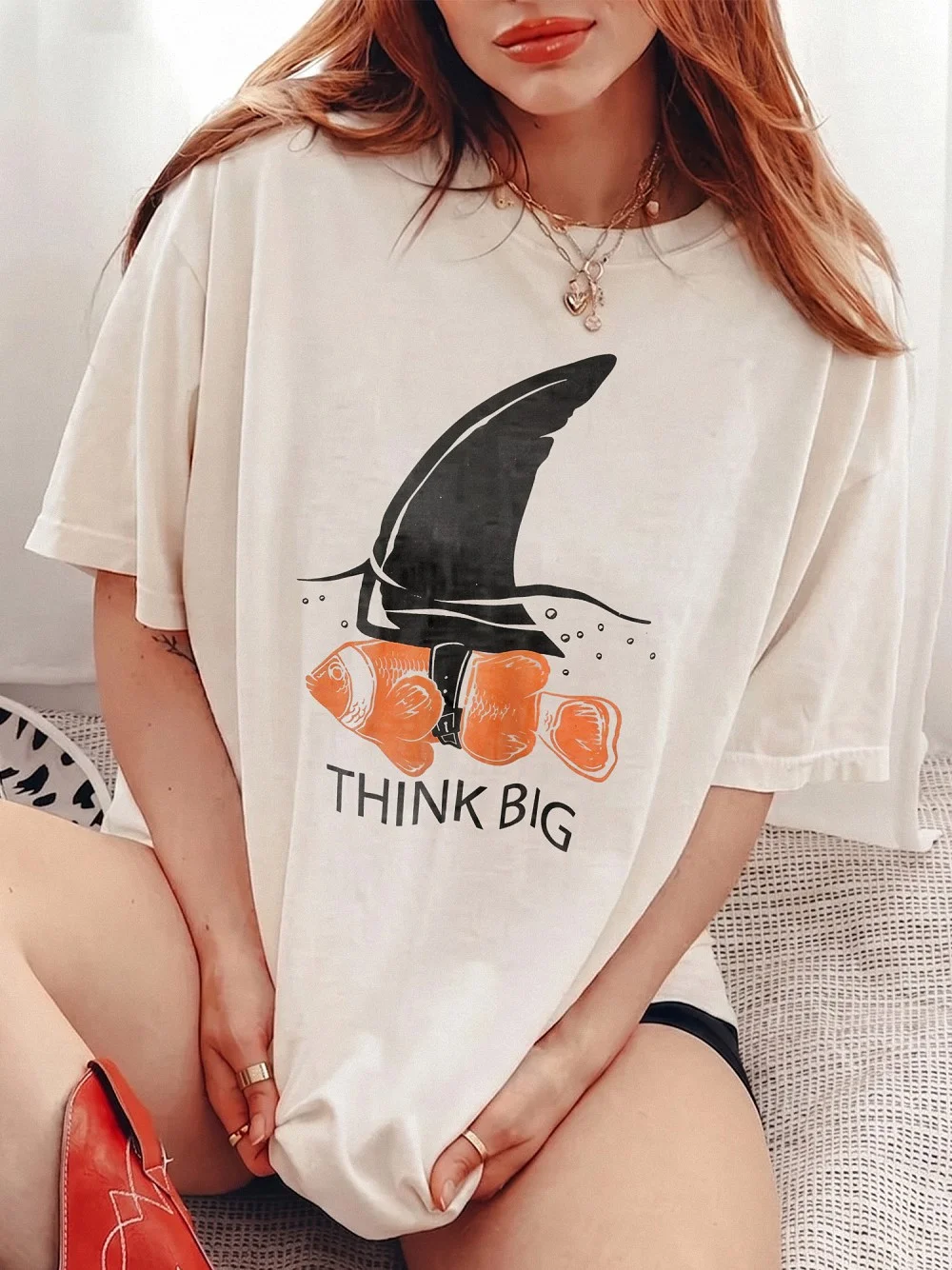 Think Big Clownfish Shark Fin Motivational Graphic Tee For Entrepreneurs And Goal Setters