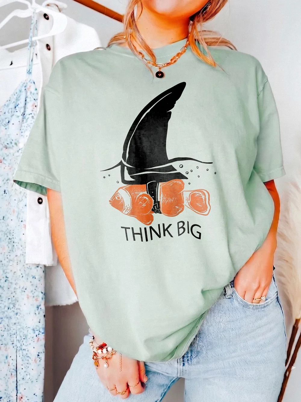 Think Big Clownfish Shark Fin Motivational Graphic Tee For Entrepreneurs And Goal Setters