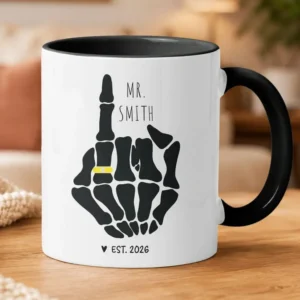 Personalized Skeleton Middle Finger Mug Custom Name And Year Funny Engagement Gag Gift Ring Finger Goth Coffee Cup