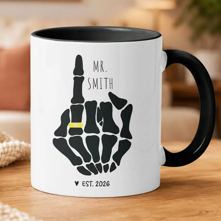 Personalized Skeleton Middle Finger Mug Custom Name And Year Funny Engagement Gag Gift Ring Finger Goth Coffee Cup