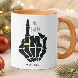 Personalized Skeleton Middle Finger Mug Custom Name And Year Funny Engagement Gag Gift Ring Finger Goth Coffee Cup