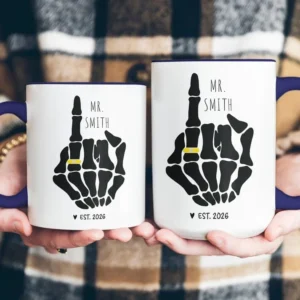Personalized Skeleton Middle Finger Mug Custom Name And Year Funny Engagement Gag Gift Ring Finger Goth Coffee Cup