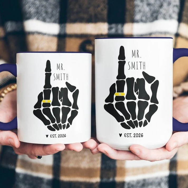 Personalized Skeleton Middle Finger Mug Custom Name And Year Funny Engagement Gag Gift Ring Finger Goth Coffee Cup