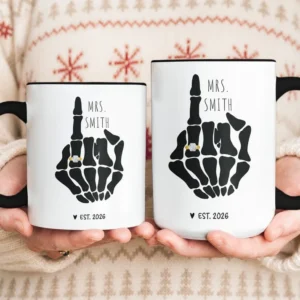 Personalized Skeleton Middle Finger Mug Custom Name And Year Funny Engagement Gag Gift Ring Finger Goth Coffee Cup