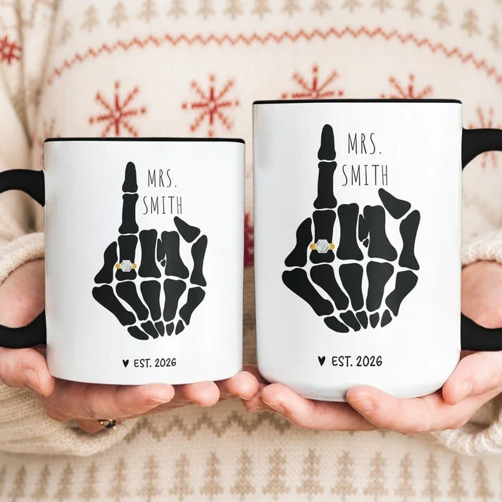 Personalized Skeleton Middle Finger Mug Custom Name And Year Funny Engagement Gag Gift Ring Finger Goth Coffee Cup