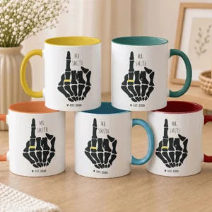 Personalized Skeleton Middle Finger Mug Custom Name And Year Funny Engagement Gag Gift Ring Finger Goth Coffee Cup