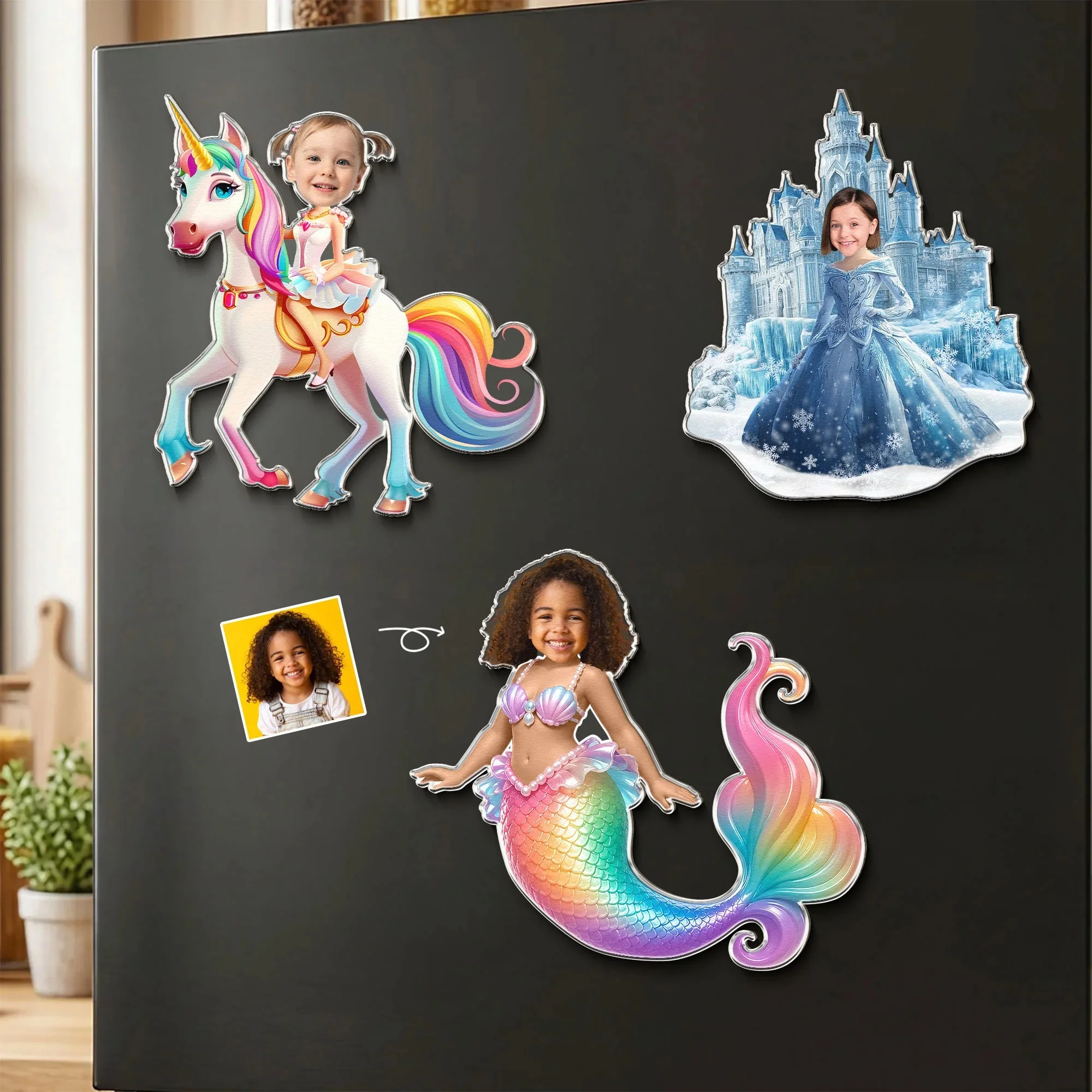 Custom Kids Face Photo Magnet Personalized Fantasy Character Unicorn Princess Mermaid Fridge Magnet