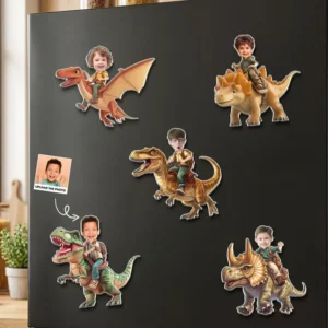 Personalized Kids Photo Dinosaur Fridge Magnet Custom Face Upload Rider Keepsake Gift
