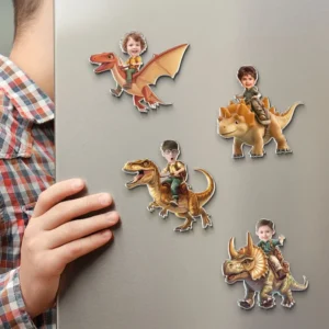 Personalized Kids Photo Dinosaur Fridge Magnet Custom Face Upload Rider Keepsake Gift