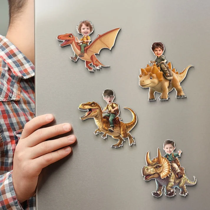 Personalized Kids Photo Dinosaur Fridge Magnet Custom Face Upload Rider Keepsake Gift