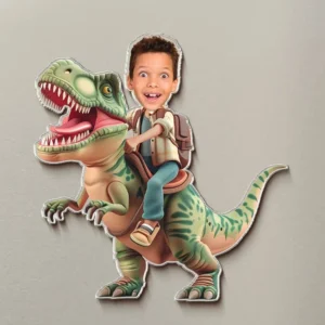 Personalized Kids Photo Dinosaur Fridge Magnet Custom Face Upload Rider Keepsake Gift