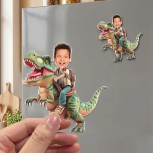 Personalized Kids Photo Dinosaur Fridge Magnet Custom Face Upload Rider Keepsake Gift