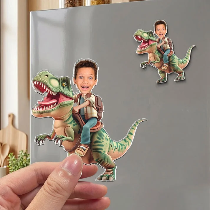 Personalized Kids Photo Dinosaur Fridge Magnet Custom Face Upload Rider Keepsake Gift