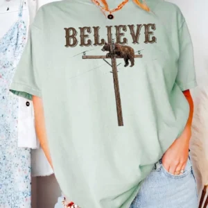 Believe Bear Climbing Pole Vintage Graphic Tee Quirky Wildlife T-Shirt Inspirational Boho Shirt