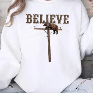 Believe Bear Climbing Pole Vintage Graphic Tee Quirky Wildlife T-Shirt Inspirational Boho Shirt