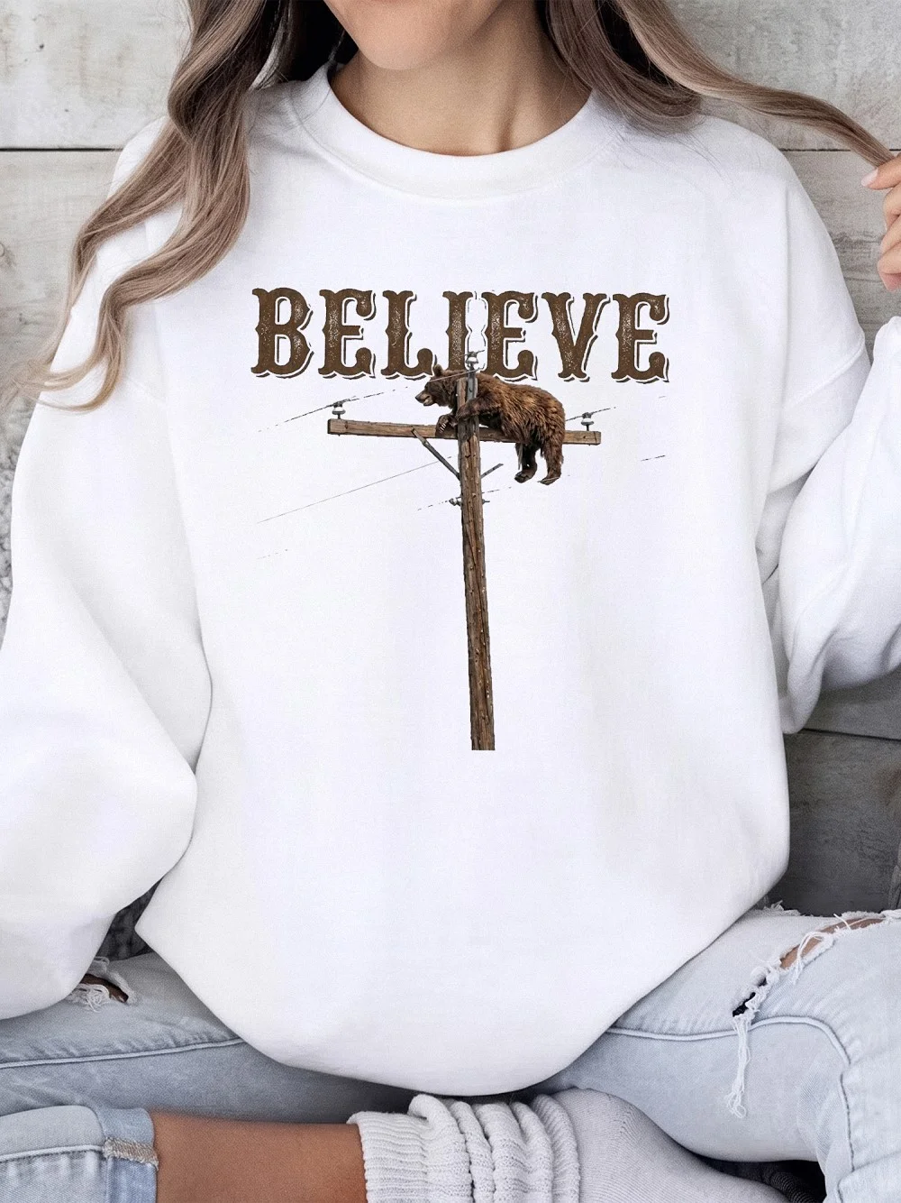 Believe Bear Climbing Pole Vintage Graphic Tee Quirky Wildlife T-Shirt Inspirational Boho Shirt