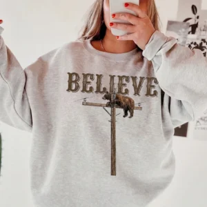 Believe Bear Climbing Pole Vintage Graphic Tee Quirky Wildlife T-Shirt Inspirational Boho Shirt