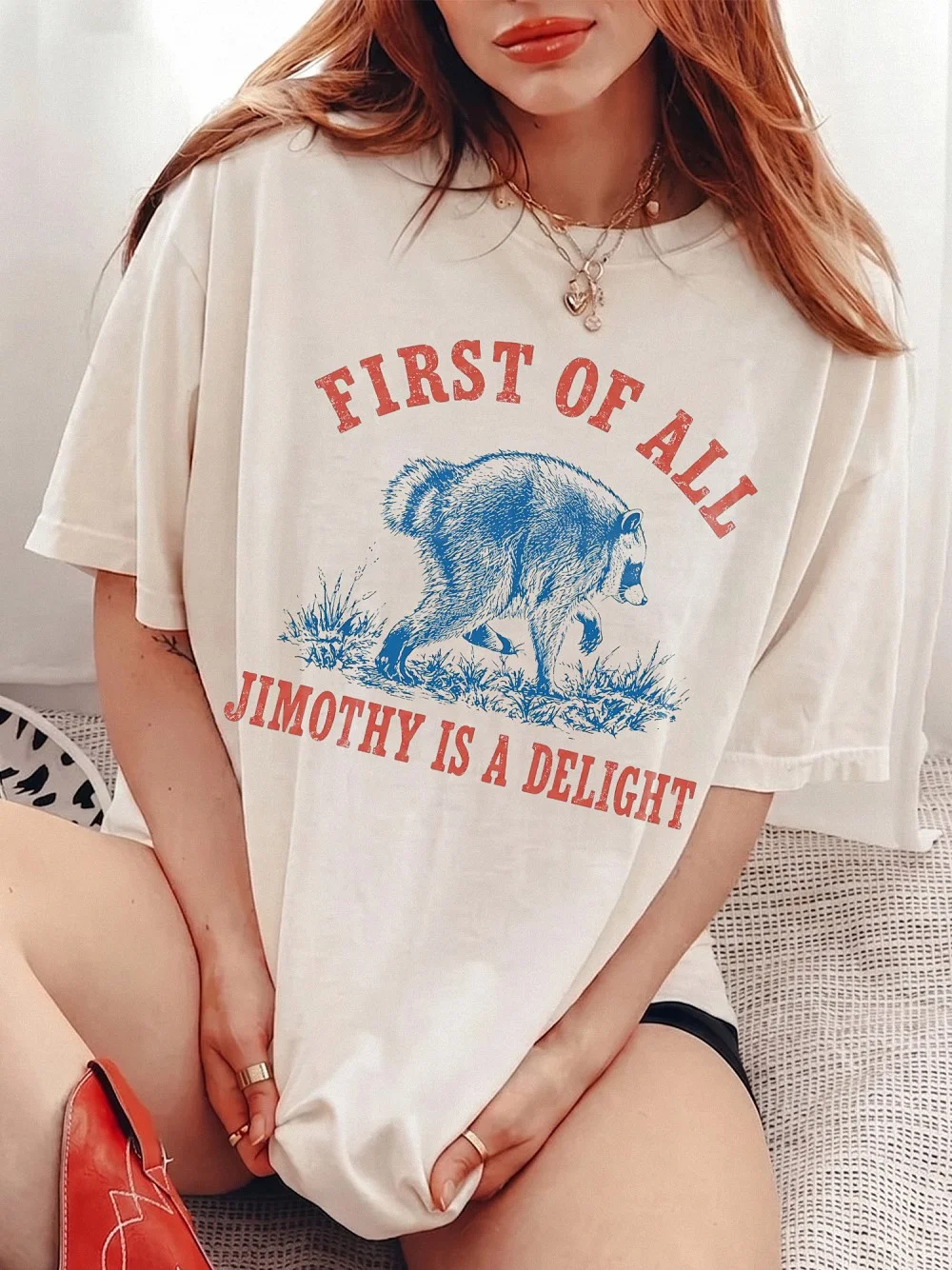 First Of All Jimothy Is A Delight Funny Raccoon T-Shirt Vintage Animal Graphic Tee Quirky Statement Shirt Sarcastic Gift