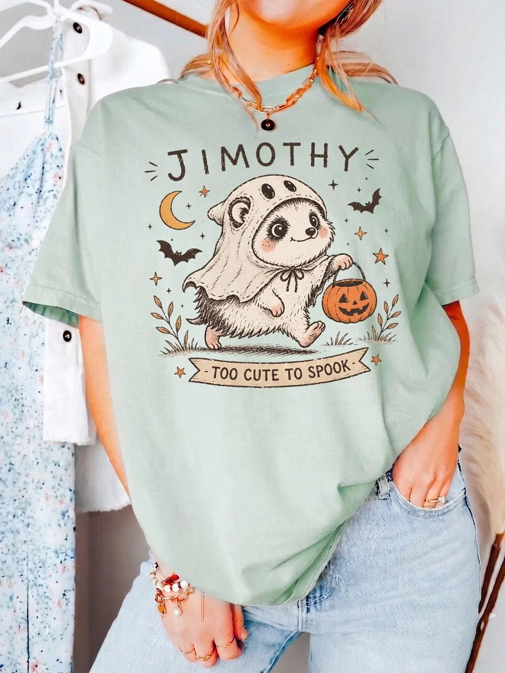 Personalized Too Cute To Spook Halloween Tee Custom Name Cute Ghost Animal Graphic T-Shirt