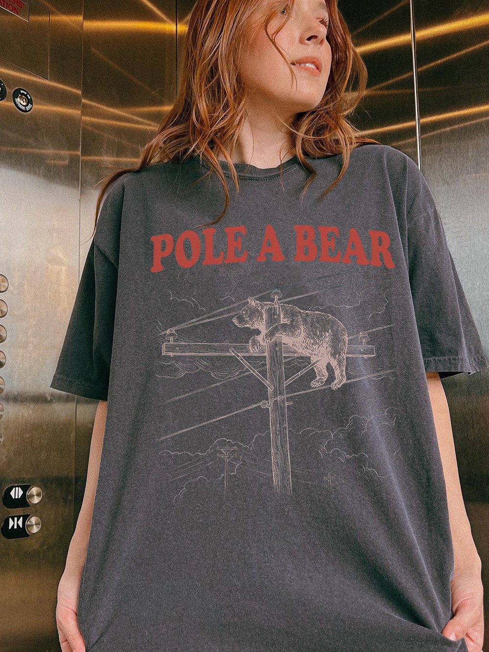 Pole A Bear Funny Vintage Graphic Tee Retro Lineman Utility Bear Pun T-Shirt