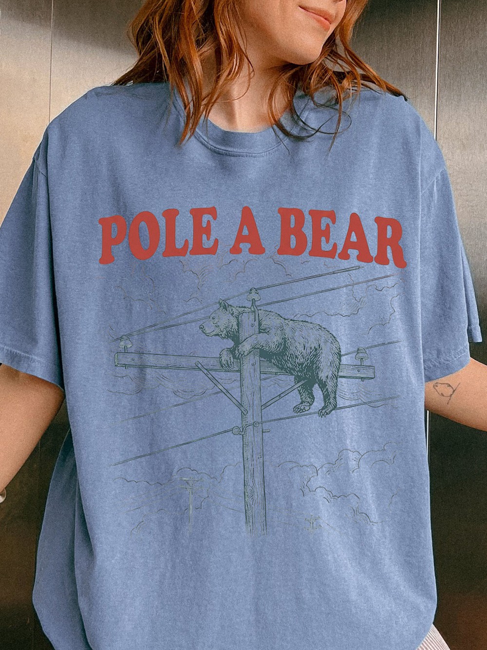 Pole A Bear Funny Vintage Graphic Tee Retro Lineman Utility Bear Pun T-Shirt