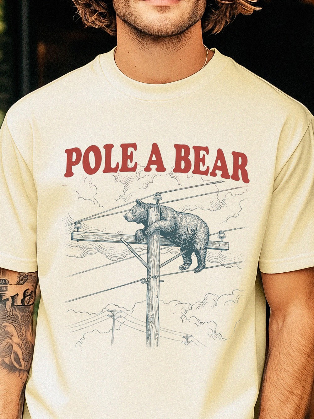 Pole A Bear Funny Vintage Graphic Tee Retro Lineman Utility Bear Pun T-Shirt