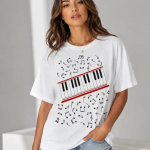 Piano Keyboard and Musical Notes Graphic Tee for Pianists and Music Teachers