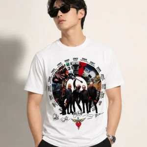 Bon Jovi Vintage Discography Timeline Tee with Band Signatures Classic Rock Merch