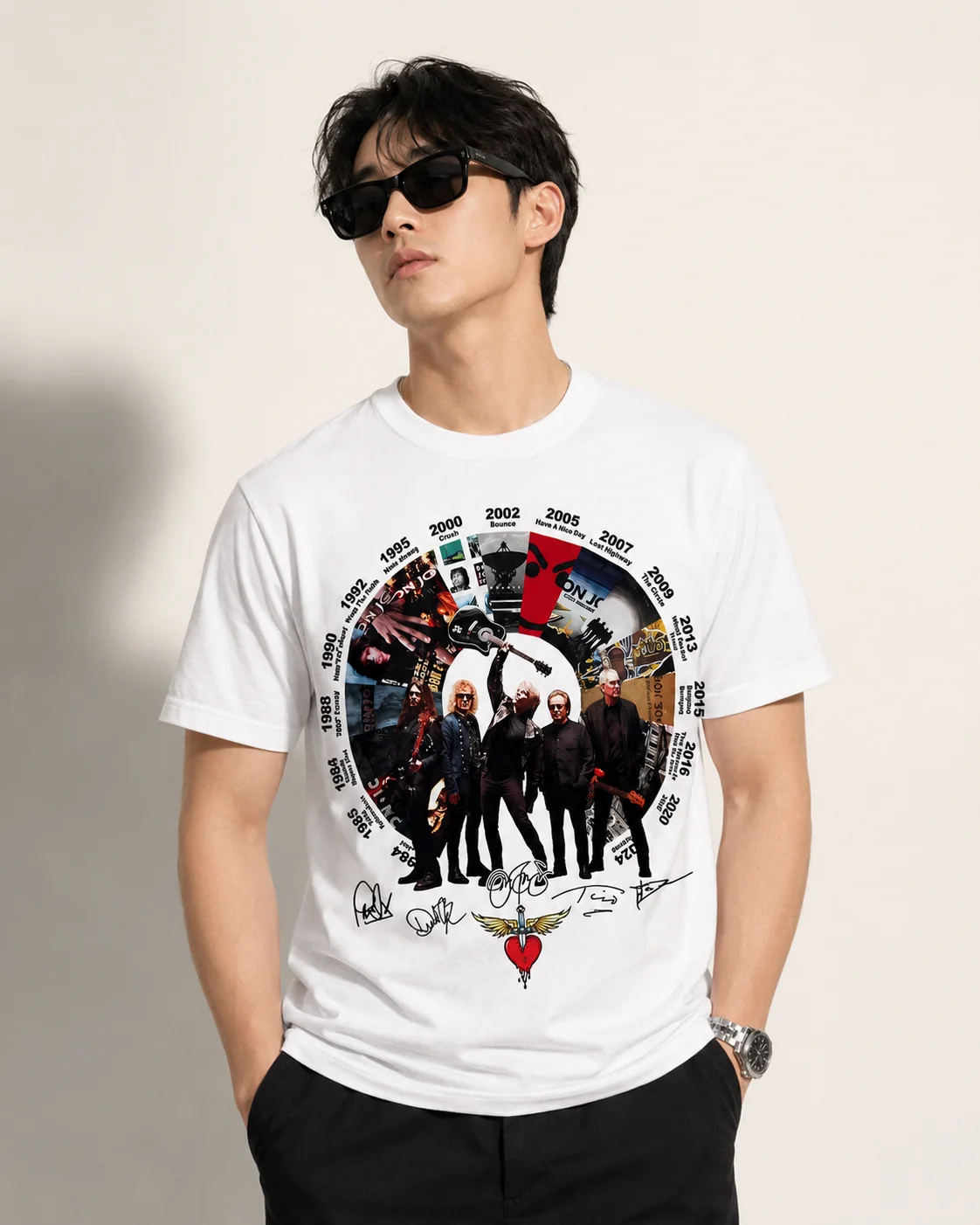 Bon Jovi Vintage Discography Timeline Tee with Band Signatures Classic Rock Merch