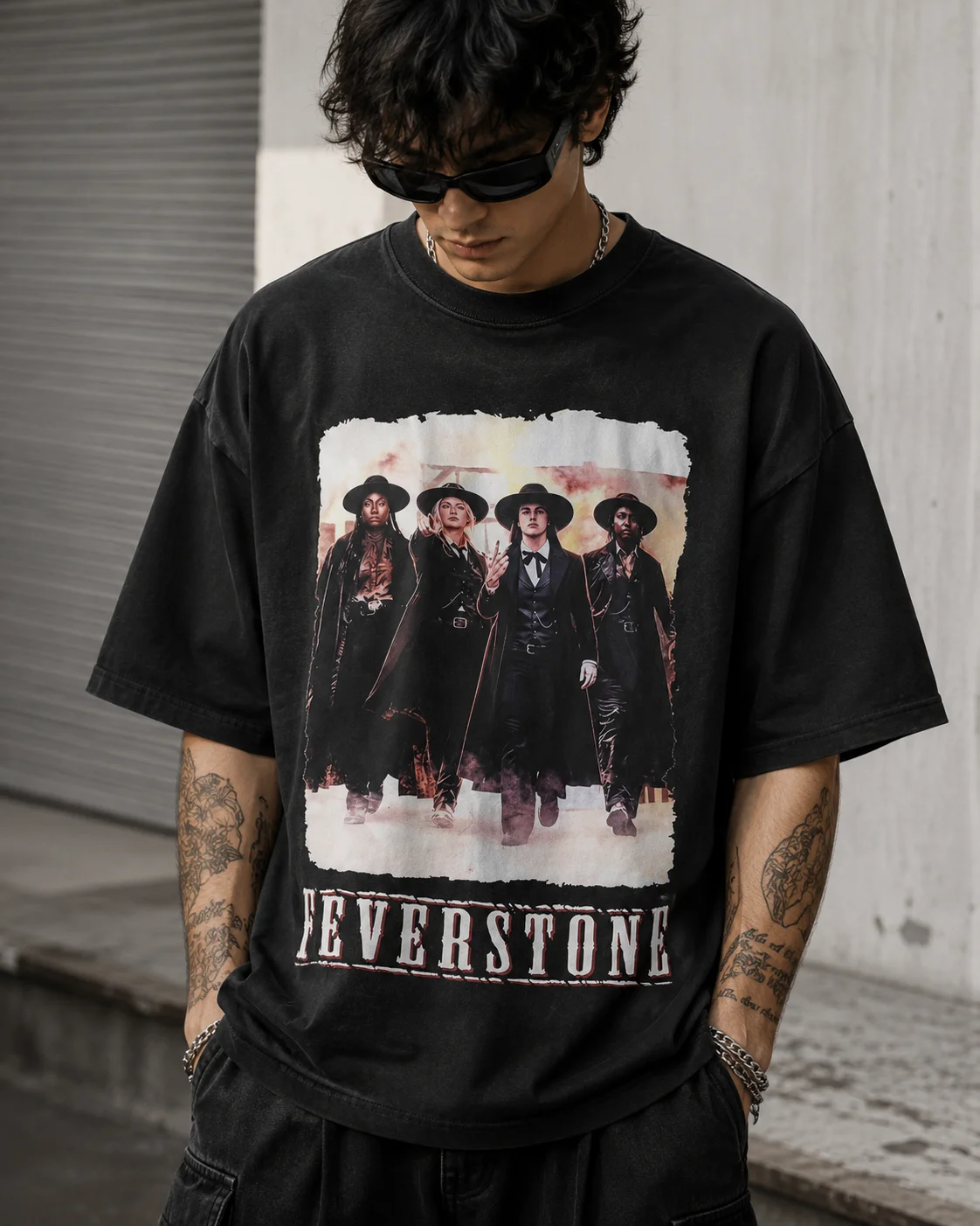 woobulk_1785470422621_0_cb32a9.webp Feverstone Cinematic Western Graphic Tee Oversized Dark Streetwear Shirt