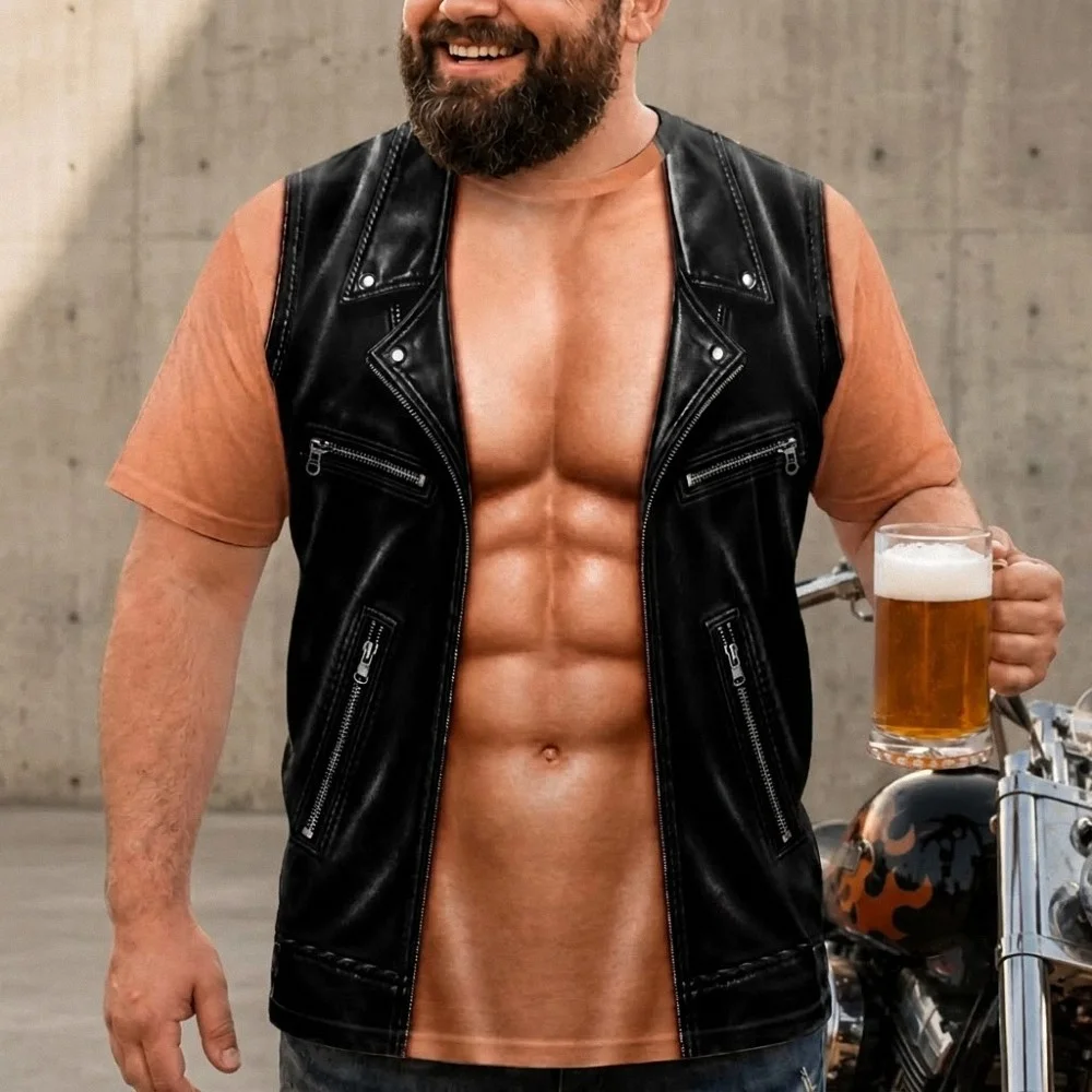 Muscular Chest Leather Biker Vest Illusion Novelty Tee Funny Costume Shirt for Men