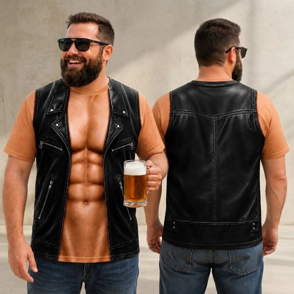 Muscular Chest Leather Biker Vest Illusion Novelty Tee Funny Costume Shirt for Men