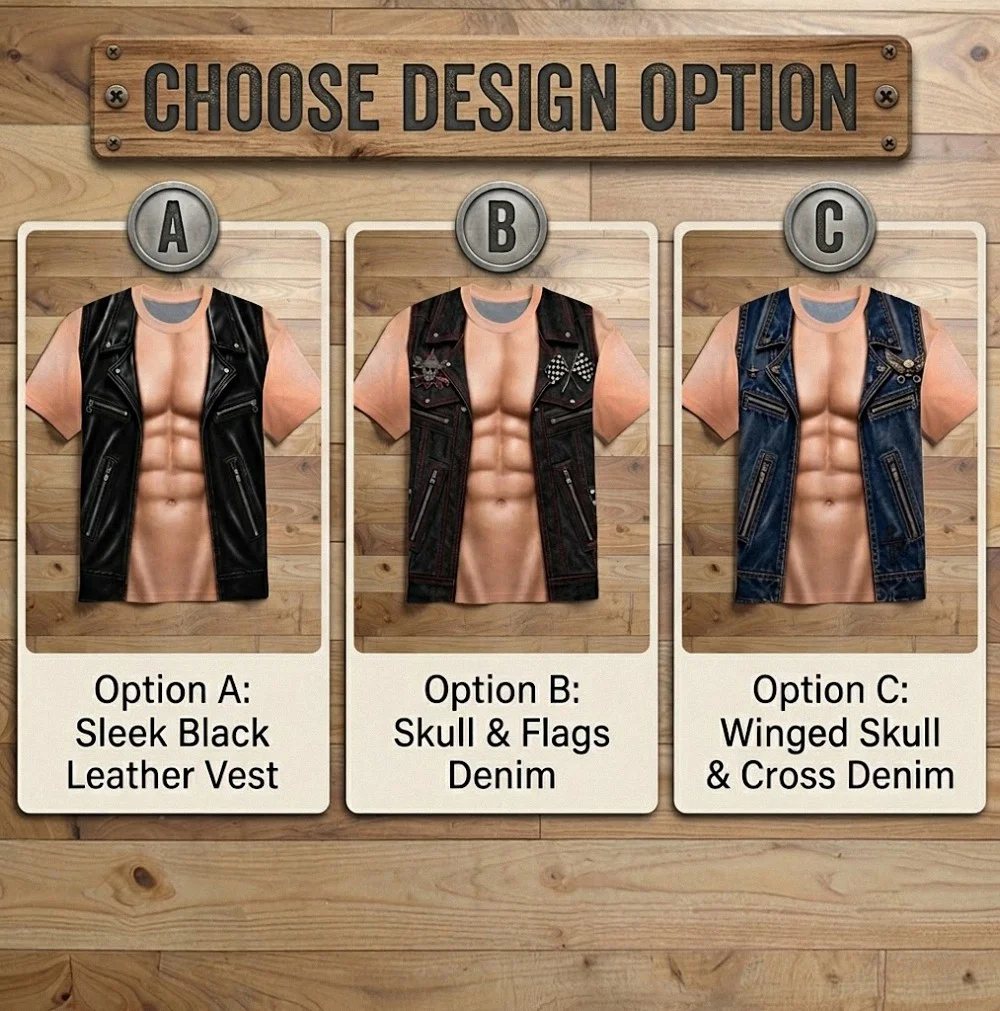 Muscular Chest Leather Biker Vest Illusion Novelty Tee Funny Costume Shirt for Men