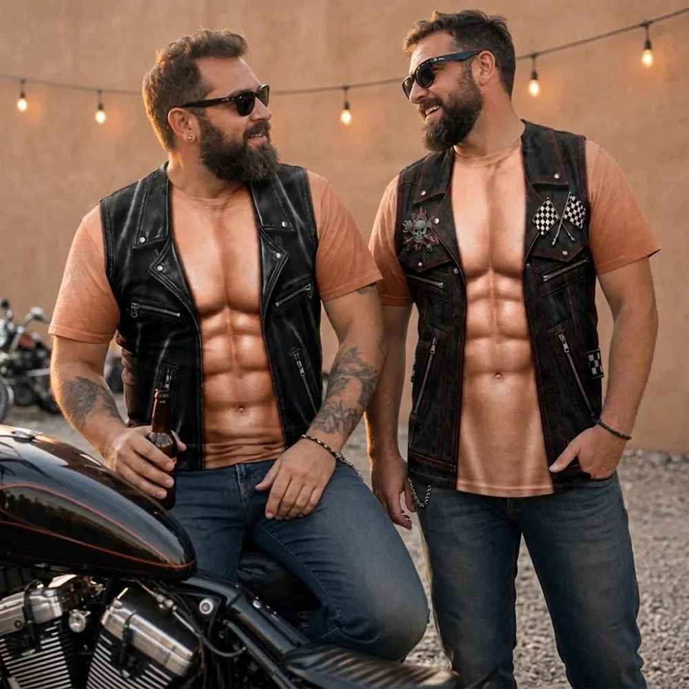 Muscular Chest Leather Biker Vest Illusion Novelty Tee Funny Costume Shirt for Men