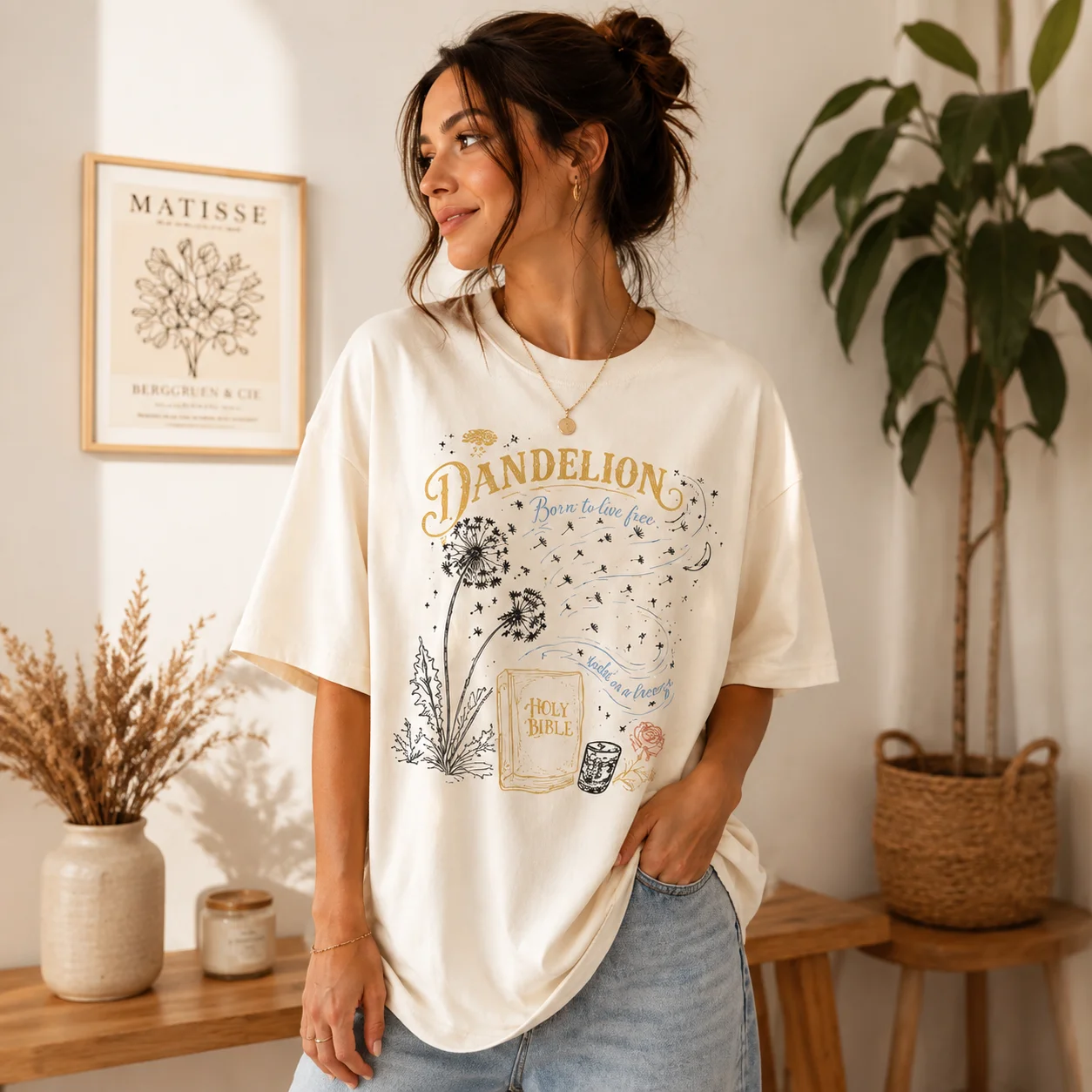 Dandelion Born To Live Free Holy Bible Tee Boho Christian Wildflower Graphic Shirt