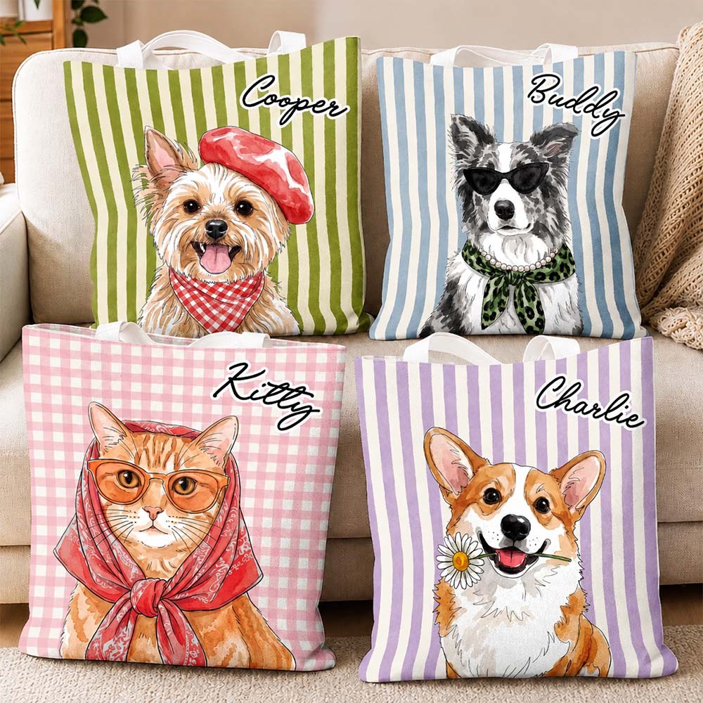 Custom Pet Portrait Tote Bag Personalized Gift for Dog and Cat Moms