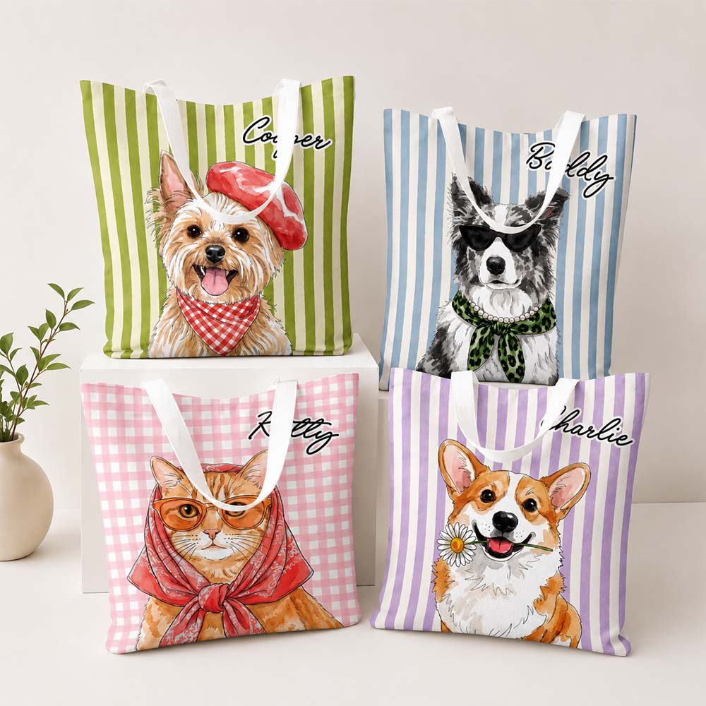 Custom Pet Portrait Tote Bag Personalized Gift for Dog and Cat Moms