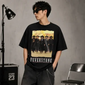 Feverstone Vintage Western Movie Poster Graphic Tee Oversized Streetwear for Men